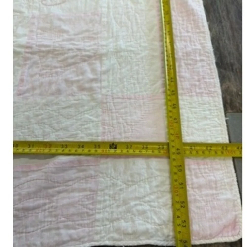 Vintage Hand Embroidered Baby Quilt Pink White Nursery Rhyme Patchwork 54x43